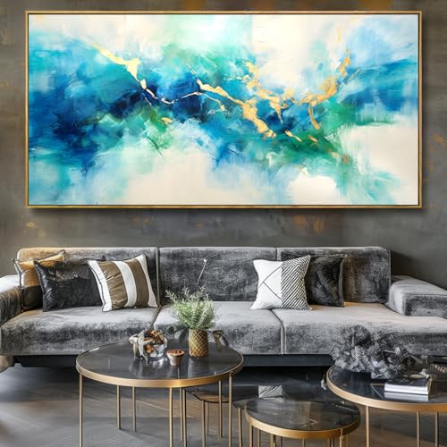 Wall Art Abstract Canvas Painting Green Blue and Gold Fantasy Wall Decor Modern Artwork for Bedroom Living Room Dining Room Home Office Decor 30"x60" with Framed by liysawg - Used condition - Image 2