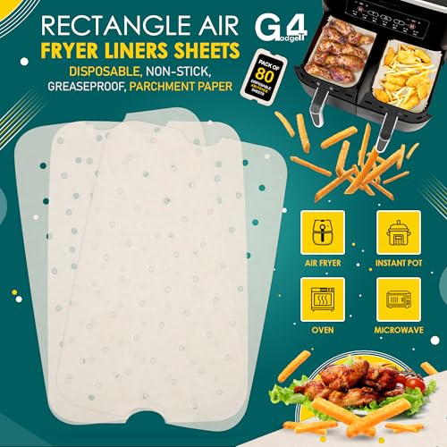 G4GADGET 80 Pack Air Fryer Liners with Holes – 20.5x14cm Rectangular Perforated Sheets, Disposable Non-Stick Paper for Crispier Cooking in Air Fryers, Ovens, Steamers & Microwaves