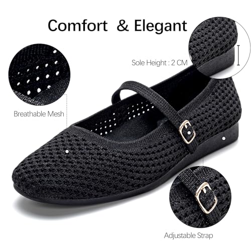 Image of Buyrew Women's Mary Jane Flats Breathable Mesh Square Toe Ballet Flats with Arch Support Washable Non Slip Casual Dress Shoes for Work Office