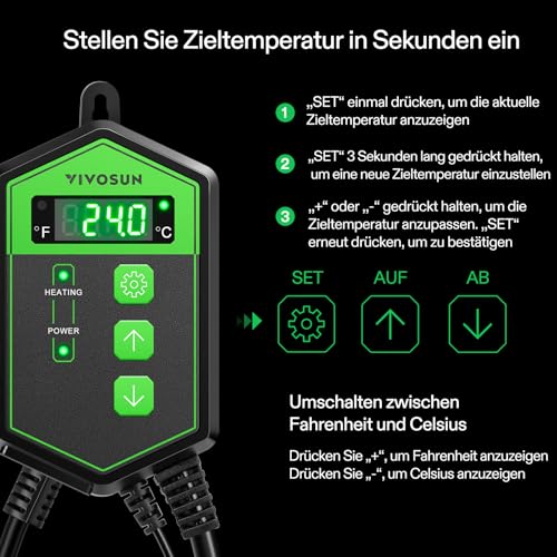 VIVOSUN Digitaler Heizmatten-Thermostat-Controller, 5-42°C, 1000W für Reptilien, Setzlinge, Keimung, Inkubation und Fermentation