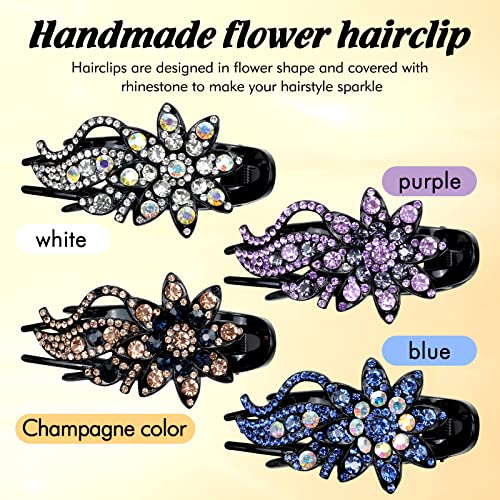 Insowni 4 Pack Luxury Fancy Gems Korean Decorative Glitter Sparkly Bling Crystals Rhinestones Flower Big Hair Claws Clips Barrettes Hairpins Clamps For Women Girls Thick Long Hair #TOP3