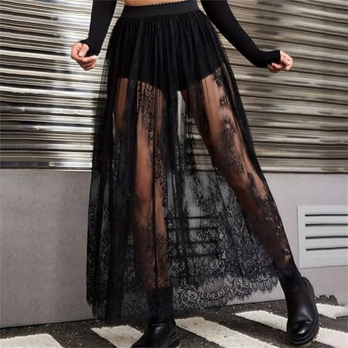 Women Lace/Mesh Maxi Skirt Summer High Waist Sheer See-Through Elastic Long Skirt Y2K Beach Maxi Skirt (Black, M)3