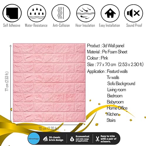 Image of SMEF 3D Foam Wallpaper Wall Panels Self-Adhesive Waterproof PE Foam, Ceiling Wallpaper for Bedroom Furniture, 57.5 Sq.Ft Peel and Stick - 70 x 70 cm Pink Pack of
