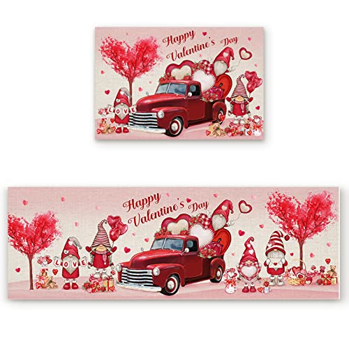 Valentine's Day Kitchen Rugs Set Of 2, Farm Red Truck Sweet Lovely Dwarf Non-Slip Floor Rug And Mats Sets Romantic Watercolor Love Heart Tree Comfort Runner Carpet Water Absorbent Mat For Home Decor #TOP3