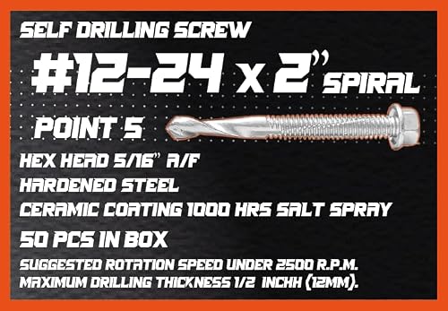 Sunkin #12 X 2 Inch Self Drilling Screw For Metal Tek Screws Hex Head, Ceramic Coated, Drill Up To 1/2 Inches Mild Steel, 50 Counts | Ideal For Attach Thick Metal And Hard Wood (#12 X 2 Inch) #TOP3
