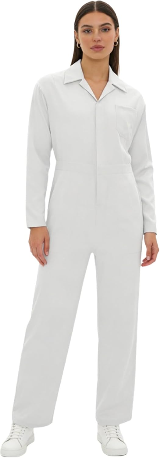 Coveall for Women Boiler Suit Mechanic Jumpsuit Mechanic Coveralls Workwear One-piece Pants White Medium