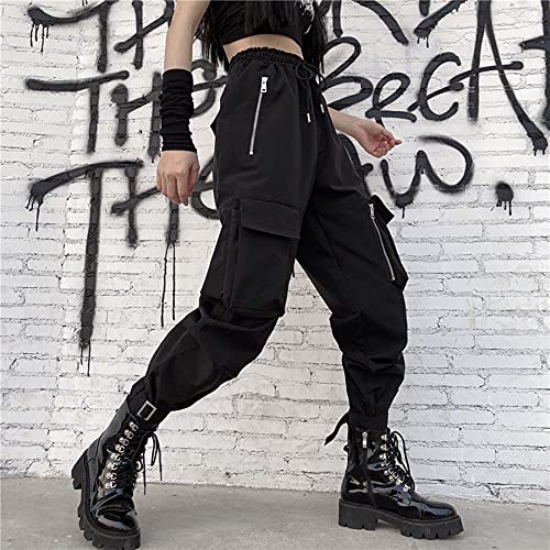 Meinvqiaoti Black Cargo Pants Women Loose Chained Pants Multi-Pocket Multi-Zip Punk Goth Pants Black,Large #TOP1