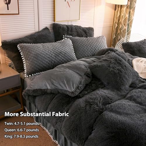 Image of LIFEREVO Luxury Plush Shaggy Duvet Cover Set, Soft Velvet Fluffy Furry Duvet Cover Set(1 Faux Fur Fuzzy Comforter Cover+1 Pom Poms Pillow Sham)Solid Bedding Set, Zipper Closure(Twin /Twin XL,Dark Gray)
