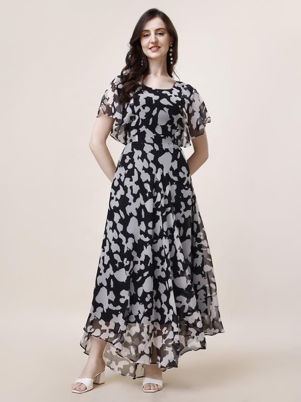 Women's Georgette Floral Digital Print Short Sleeve Full-Length Fit & Flare Long Gown Dress for Girls-image-41