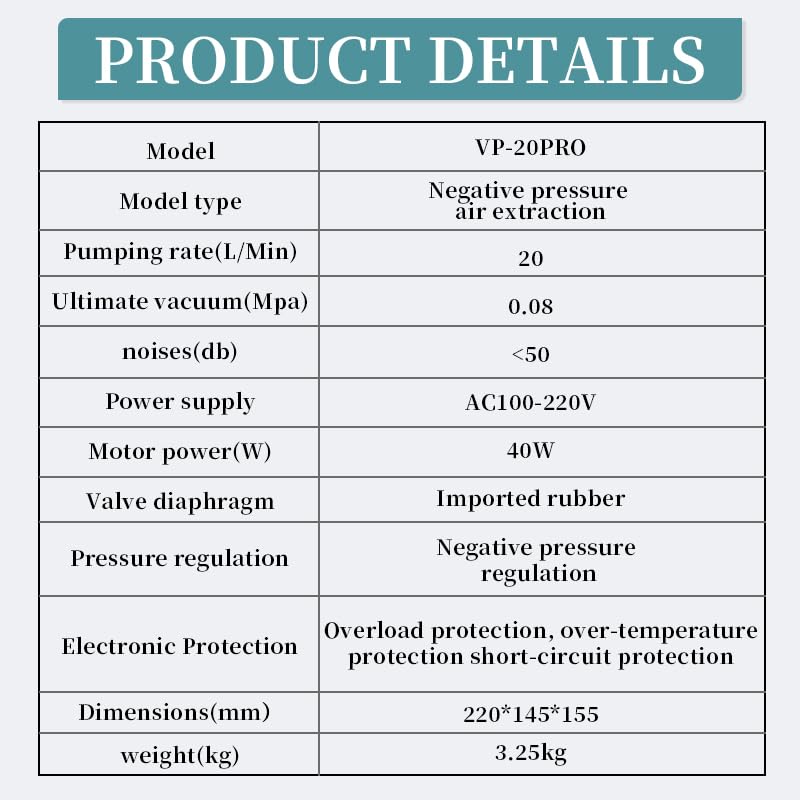 Lab Vacuum Filtration Pump VP-20PRO Negative Pressure Adjustable Diaphragm Oil Free 20L/min W/Rubber Tube for Laboratory