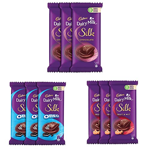 Image of Cadbury Dairy Milk Silk Chocolate Bar, 150 Gram (Pack Of 3) & Dairy Milk Silk Oreo Chocolate Bar, 130 Gram (Pack Of 3) & Dairy Milk Silk Fruit & Nut Chocolate Bar, 137 Gram (Pack Of 3)