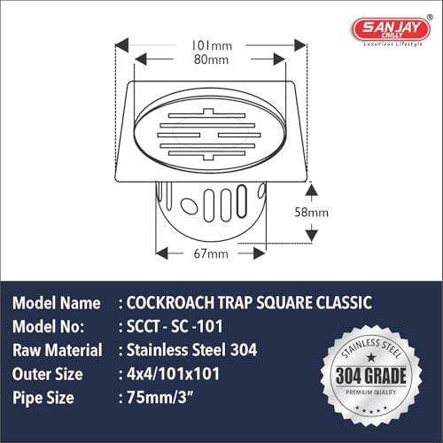Image of Floor Drain with Cockroach Trap Stainless Steel 304 Grade Bathroom Gratings Cover Jali Waste Water Drainer Strainer Washbasin Sink Bathtub Toilet Anti Odor (Square Classic 4x4 INCH)