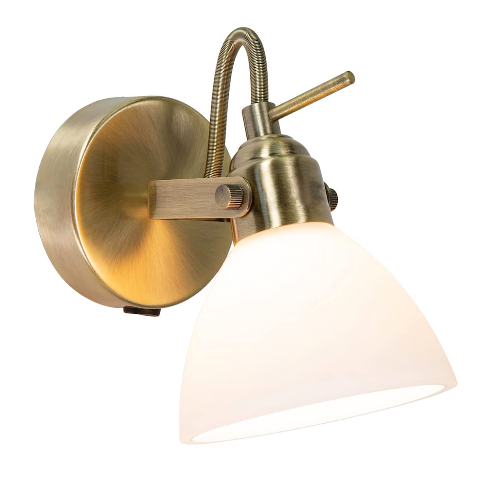 Antique Brass Wall Spot Light with Switch and Glass Shade - Gold - 15cm