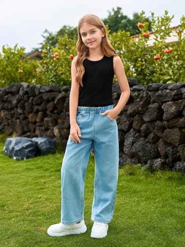 Image of Haloumoning Girls Tank Tops Kids Athletic Ribbed Knit Sleeveless Crop Tops Basic Camisole 5-14 Years