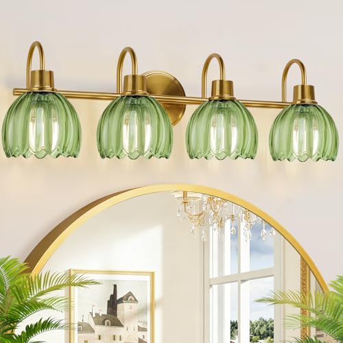 Image of 4-Light Bathroom Light Fixtures, 27 inch Brushed Gold Vanity Lights for Bathroom with Ribbed Green Tulip Glass Shade, Vintage Bathroom Vanity Lighting Fixtures Over Mirror for Bedroom Living Room Hallway