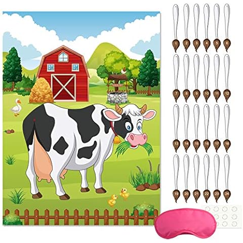 FEPITO Pin The Tail auf der Kuh Geburtstagsfeier Spiel mit 24 Stück Schwänze für Farm Party Dekorationen, Kinder Geburtstagsfeier Dekorationen Cover
