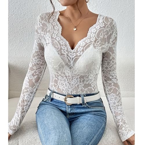 Jersey Mujer Otoño Algodon Camiseta Encaje Manga Larga Mujer Elegante Basicas Blusa Cuello V Punto Primavera Sueter Camiseta Interior Invierno Casual Termica Sweater Sudadera(Blanco,XXL)