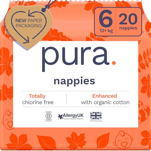 Pura Eco Baby Nappies - Size 6 (13kg+ / 29lbs+), 1 Pack (20 Nappies), Ultra Soft Nappies for Sensitive Skin, Organic Cotton, Up to 12hrs Leak Protection, New Size Guide