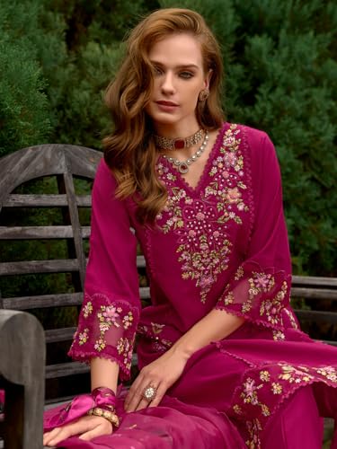 Image of INDO ERA Women's Straight Cotton Blend Floral Embroidered Kurta & Pant with Dupatta Set
