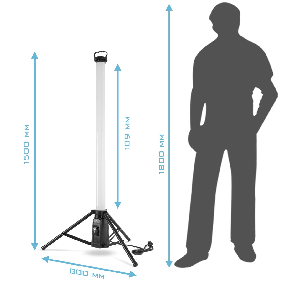 STAHLWERK LED-Turmstrahler TBS-100 ST 100 Watt 7.500 Lumen IP44 | 360° Baustrahler, 5.000 K Tageslichtfarbe, Bauleuchte mit 230 Volt Zusatzsteckdose