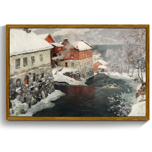 crmotu Large Framed Wall Art, Winter Landscape Vintage Canvas Prints, Riverside Architecture Rustic Farmhouse Decorations, Snow Nature Wall Decor Living Room Bedroom Decor Aesthetic Pictures 24x36in