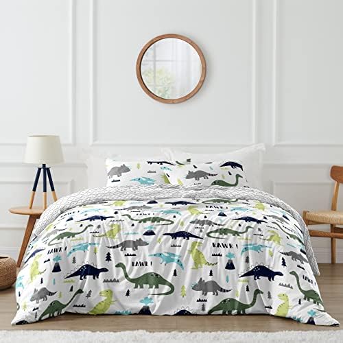 Sweet Jojo Designs Navy Blue and Green Modern Dinosaur Boys or Girls 3 Piece Full/Queen Bedding Childrens Teen Set