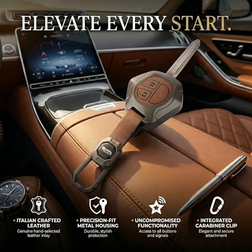 Image of Premium Metal Leather Key Cover Compatible with Maruti Suzuki S-Presso,Swift,SX4,DZire,Ignis,Alto,Vitara Brezza,Ertiga,Ciaz,Baleno,Ritz 2 Button Key Leather Protection with Keychain