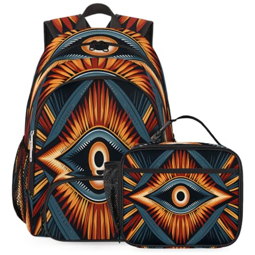 TropicalLife Boho Eyes Backpack with Lunch Box Set, Back Pack and Lunch Bag Boho Eyes Waterproof Casual Daypack Bag for Work Travel