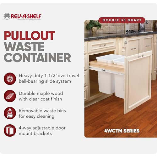 Image of Rev-A-Shelf Top Mount Double Pullout Under Cabinet 35 Quart Kitchen Trash Cans, 150 Pound Rated Full-Extension Slides, 4WCTM-21DM2-495-FL