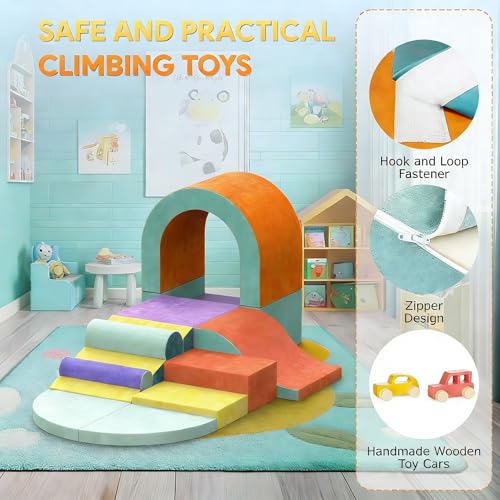 Image of Foam Climbing Blocks for Toddlers, 12 PCS Colourful Toddler Climbing Toys Indoor, Soft Play Set with Toy Car, Flexible Crawling and Sliding Climbing Blocks