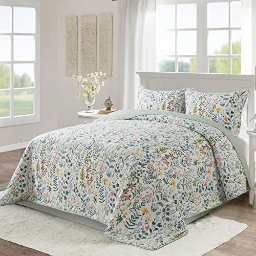 NEWLAKE Cotton Bedspread Quilt Sets-Reversible Patchwork Coverlet Set, Green Classic Floral Pattern, King Size