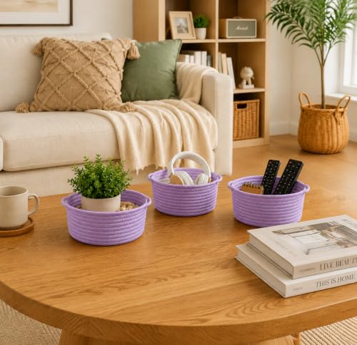 Image of Small Woven Cotton Rope Baskets with Handle, Set of 3, Purple | Boho Round Design, Bathroom Organizer, Safe for Kids & Pets, Chemical-Free Cotton, Multi-Room Storage