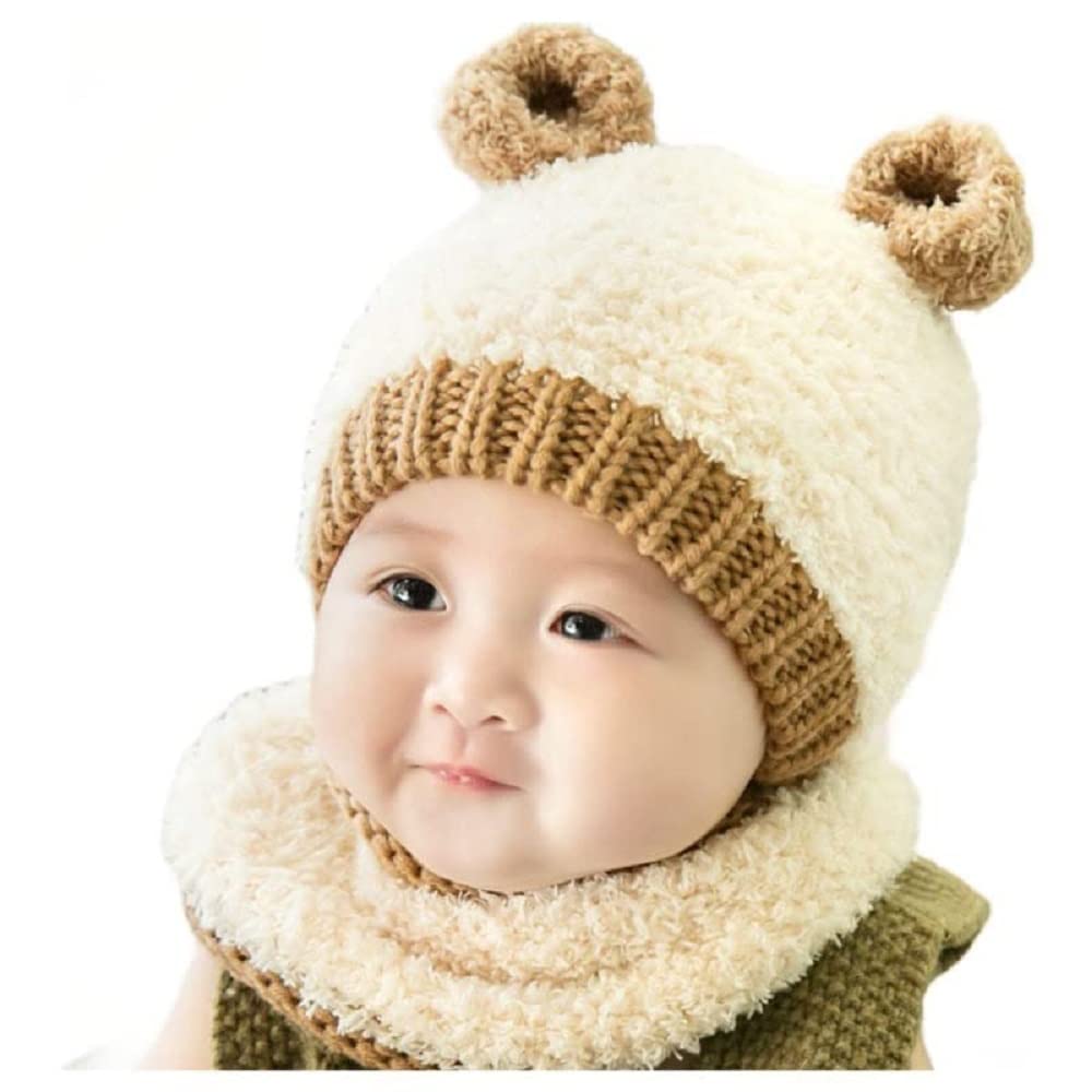R&d Newborn Baby hat Set/Baby Plush Hats bib Suit Cap Set/New Cartoon Korean Bear Style Woolen Yarn hat Scarf Set (Beige)
