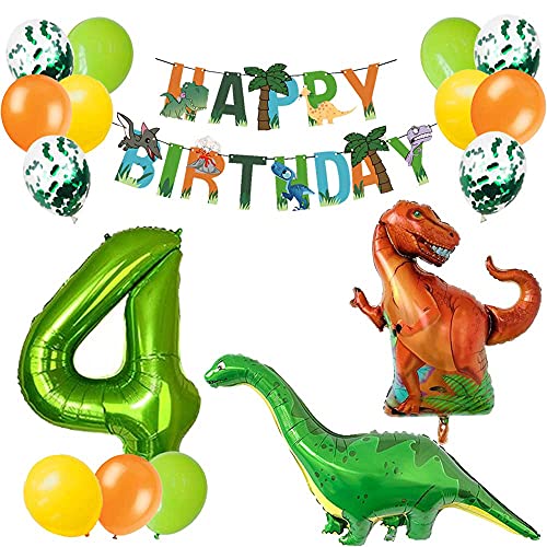 Feliz Cumpleaños Decoracion 4 Años Globos de Cumpleaños 4 Años Dinosaurios Happy Birthday Garland Verde Globo Número 4 Cover