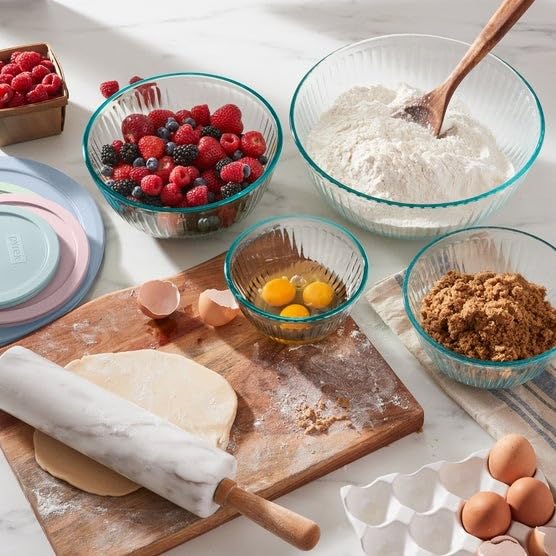 Image of Pyrex Ribbed Glass Mixing Bowl Set with Pastel Lids, 8 Piece Nesting Set