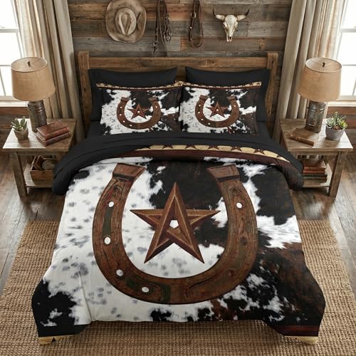 Nesker 7 Pcs Comforter Set King Size, Western Cowboy Texas Star Horseshoes Bedding Set for Kids and Adults, Cowhide Rustic Farmhouse Bed Sheet Sets with Fitted Sheet 2 Pillowcases & 2 Shams