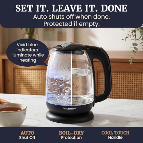 Image of Elite Gourmet EKT1792 1.7L Glass Electric Kettle, Blue LED, 7.2 Cups, Auto Shut-Off, Boil-Dry Protection, 360 Cordless Base, Rapid Boil, Hot Water for Tea Coffee Oatmeal