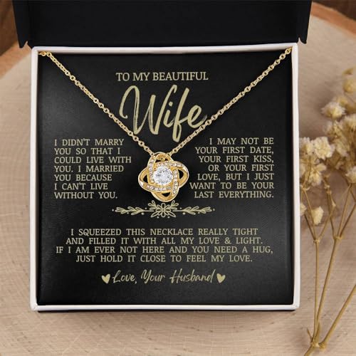 To My Beautiful Wife, "I Can't Live Without You" Love Knot Necklace, Romantic Jewelry Gift for Wife, Anniversary Present, Birthday Christmas Gift Idea, Husband to Wife Gift, Necklace Gift Box with Sentimental Message Card2