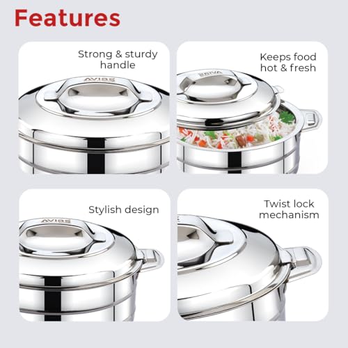 Image of AVIAS Astra Plus Stainless Steel 2500ml Casserole | Double Walled PUF Insulated Roti & Chapati Hot Box for kitchen | Hot case for Rice & Gravy | 2.5L