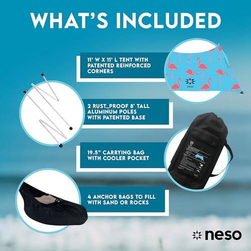 Image of Neso Gigante Portable Beach Tent Sun Shelter - Lightweight Beach Shade Canopy - Easy Setup for Family Outings - Patented Reinforced Corners - UPF 50+ Sun Protection - 8ft Tall, 11 x 11ft - Flamingos