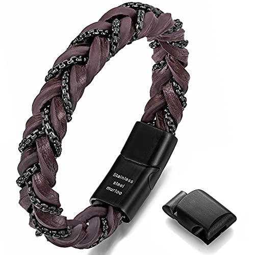 murtoo Shackles of Freedom Bracelets for Men Mens Braided Leather Bracelets with Steel Chains and Magnetic Clasp Stylish Gift for Men (Brown 9.5 inch)