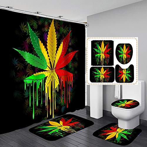 Jayden&Madge 4 Stück/Set Marihuana Weed Leaf Duschvorhang, Jamaican Reggae Rasta Badezimmer Dekor, wasserdichtes…
