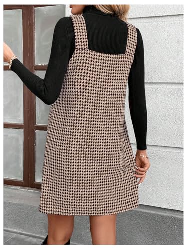 OYOANGLE Women's Houndstooth Print V Neck Overall Dress Sleeveless Pinafore Short Dresses3