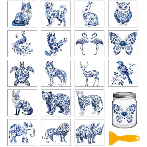 GLOBLELAND 18 hojas de porcelana azul y blanca con calcomanías para frotar de animales salvajes, impermeables, UV DTF, envolturas para tazas, 9.9 x 9.1 cm, calcomanías de pájaros para tazas de agua