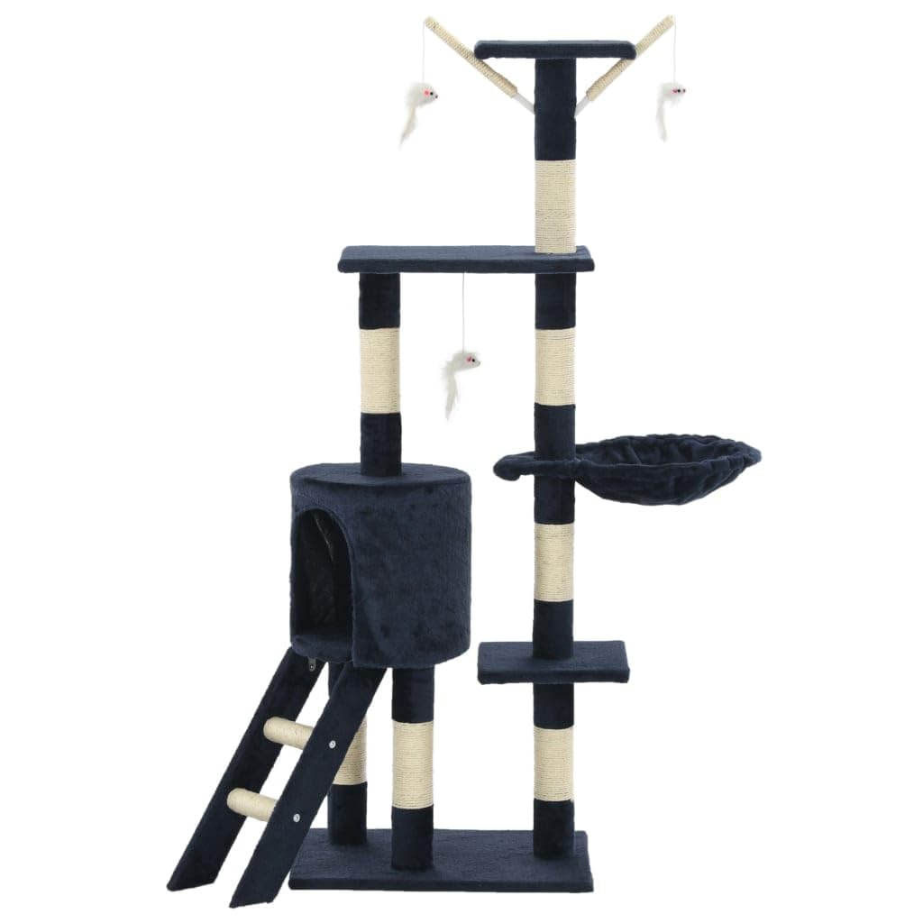 Katzen-Kratzbaum 138 cm Dunkelblau mit Sisal-Säulen | Stabiler Kletterbaum fürs Wohnzimmer mitAussichtsplattform, kuscheligem Unterschlupf und 3 Spielmäusen.