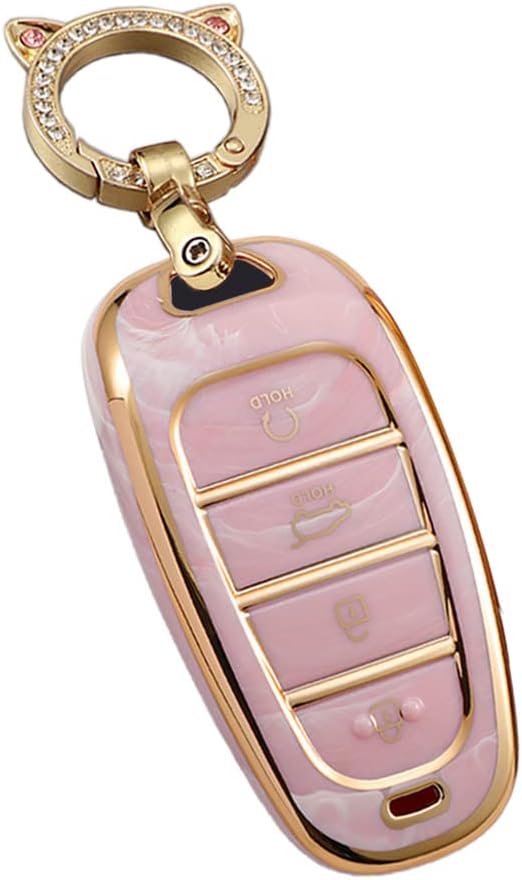 SANRILY Pink Jade Pattern 4 Button Key Fob Cover for Hyundai 2022 Tucson Sonata Nexo Key Fob Keyless Soft TPU Key Case Shell with Bling Leather Keychain