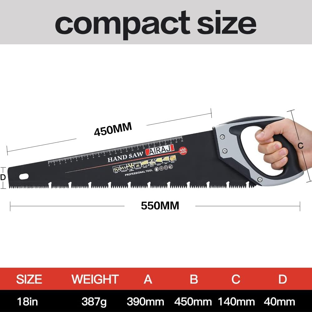 AIRAJ Scie Égoïne 450MM, Lame en Acier 11 dents/pouce-Poignée Bi matière,Relief de puce unique en forme de Ω, Traçage À 45° et 90°, Scie Manuelle pour couper bois,pvc et sols stratifiés