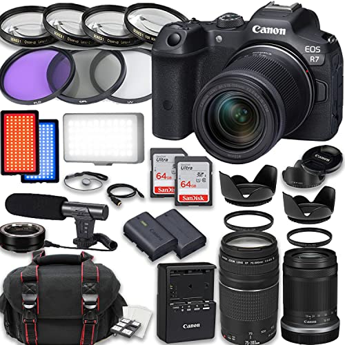 Canon EOS R7 Mirrorless Camera with Canon RF-S 18-150mm is STM Lens + EF 75-300mm III Lens + Accessories Included: 2X 64GB Memory Cards, LED Video Light, Microphone, Extra Battery, Case & More