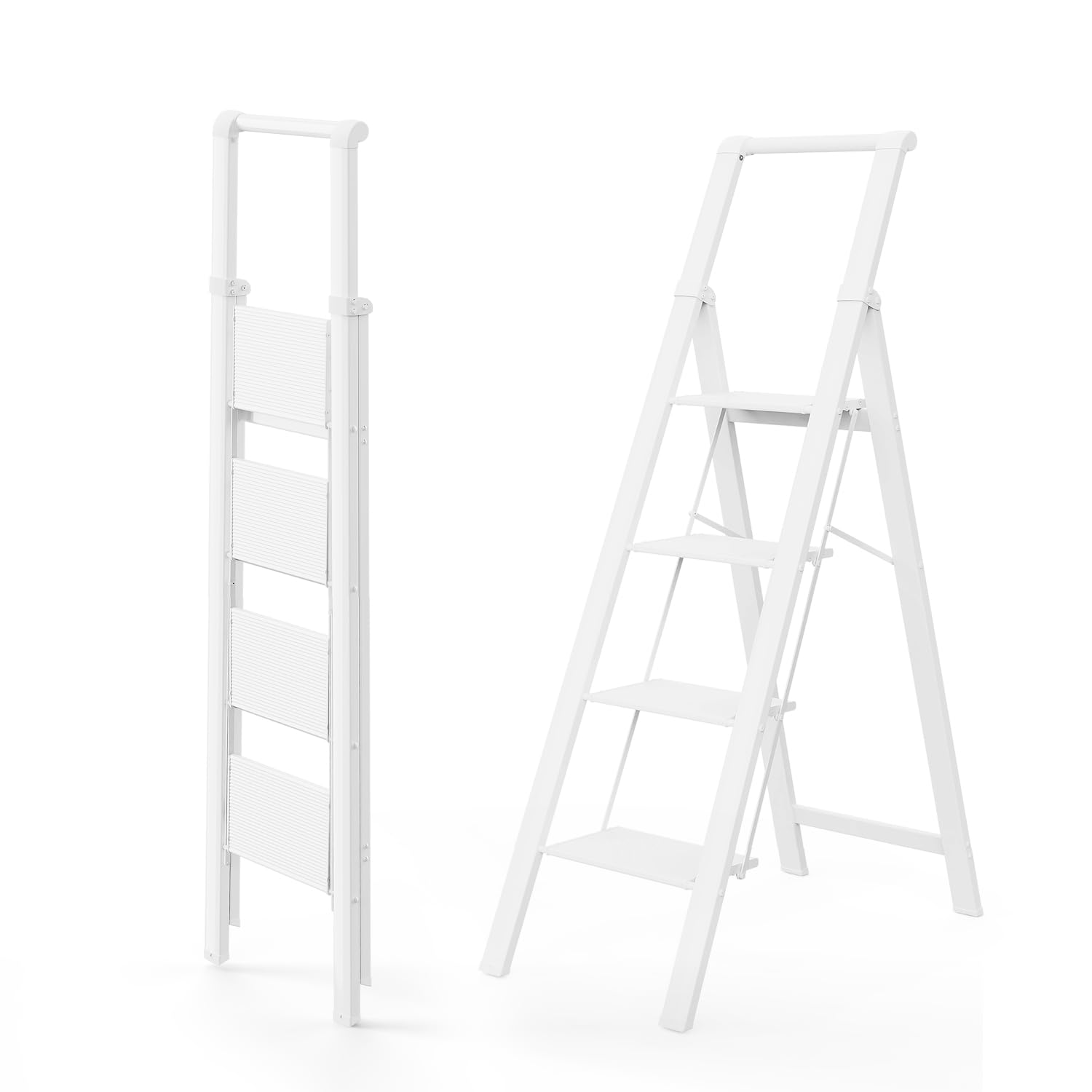 WOA WOA 4 Step Ladder, 4 Step Folding Ladder with Wide Anti-Slip Pedals, Lightweight Portable Kitchen Step Stool with Safety Handgrip, Capacity 300 Pounds - White SIMILAR TO LOT PHOTO 