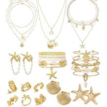 32 Pcs Starfish Seashell Jewelry Set for Women Layer Necklace Bracelets Stackable Shell Starfish Rings Stud Earrings Pearl Beach Vacation Accessories